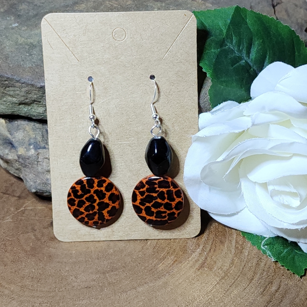 Hand Crafted Leopard Print Dangle Earrings with Black & Silver Toned Accents